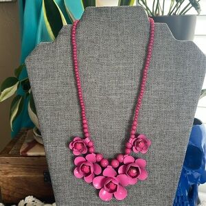 Bright Pink Beaded Charming Charlie Necklace with Flowers